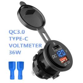 Φορτιστής USB Quick Charger+Type-C με βολτόμετρο Φορτιστής USB Quick Charger+Type-C με βολτόμετρο
