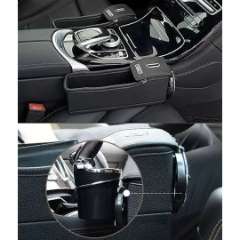 Organizer με κερματοθήκη και ποτηροθήκη αυτοκινήτου - ανάμεσα στα καθίσματα - μαύρο με κόκκινες ραφές