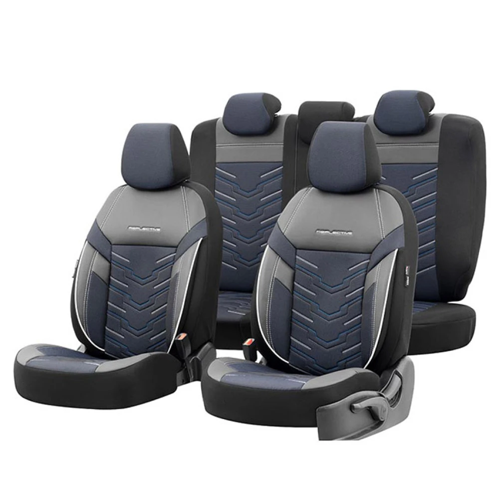 Καλύμματα αυτοκινήτου Otom reflective design universal Jacquard / Rachel / δερματίνη σετ εμπρός / πίσω μαύρο με μπλε ραφή RFL-2604 11 τεμάχια Καλύμματα αυτοκινήτου Otom reflective design universal Jacquard / Rachel / δερματίνη σετ εμπρός / πίσω μαύρο με μπλε ραφή RFL-2604 11 τεμάχια