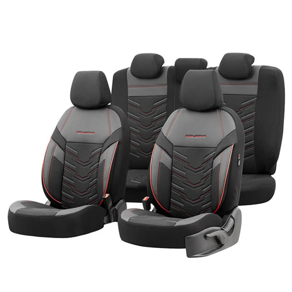 Καλύμματα αυτοκινήτου Otom reflective design universal jacquard / rachel / δερματίνη σετ εμπρός / πίσω μαύρο με κόκκινη ραφή RFL-2601 11 τεμάχια Καλύμματα αυτοκινήτου Otom reflective design universal jacquard / rachel / δερματίνη σετ εμπρός / πίσω μαύρο με κόκκινη ραφή RFL-2601 11 τεμάχια