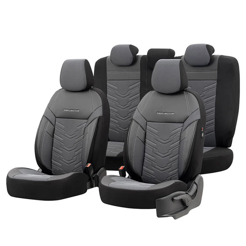 Καλύμματα αυτοκινήτου Otom Reflective design universal jacquard / rachel / δερματίνη σετ εμπρός / πίσω μαύρο - σκούρο Γκρι RFL-2603 11 τεμάχια Καλύμματα αυτοκινήτου Otom Reflective design universal jacquard / rachel / δερματίνη σετ εμπρός / πίσω μαύρο - σκούρο Γκρι RFL-2603 11 τεμάχια