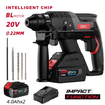 DELI κρουστικό σκαπτικό μπαταρίας DE-DC20-2D4, Brushless, 20V, 2x 4Ah, 2J