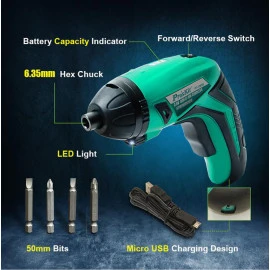 PROSKIT ηλεκτρικό κατσαβίδι PT-1362U με 4 μύτες LED φακός 1500mAh