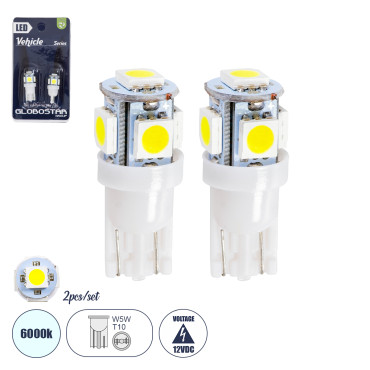 GloboStar® 81050-B Λάμπες Αυτοκινήτου LED T10 - W5W 5xSMD5050 2W 300lm 360° DC 12-16V IP20 Φ1.1 x Υ2.8cm Ψυχρό Λευκό 6000K - Σετ 2 Τεμαχίων σε Blister