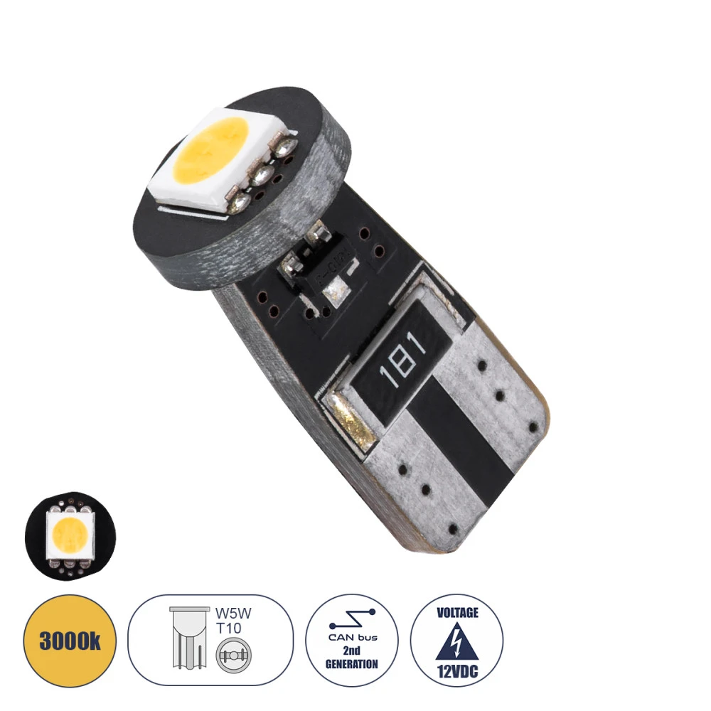 GloboStar® 81081 λάμπα αυτοκίνητου LED T10 W5W 2rd Generation Can-Bus Series 1xSMD5050 1.5W 150lm 120° DC 12-16V IP20 Φ1 x H2.2cm Θερμό Λευκό 3000K GloboStar® 81081 λάμπα αυτοκίνητου LED T10 W5W 2rd Generation Can-Bus Series 1xSMD5050 1.5W 150lm 120° DC 12-16V IP20 Φ1 x H2.2cm Θερμό Λευκό 3000K