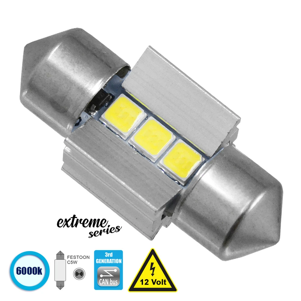 GloboStar® 81336 Λάμπα Αυτοκινήτου 28mm FESTOON - C5W 3rd Generation Can-Bus Extreme Series LED 3 SMD 3030 3W 450lm 120° DC 12V IP20 Ψυχρό Λευκό 6000K GloboStar® 81336 Λάμπα Αυτοκινήτου 28mm FESTOON - C5W 3rd Generation Can-Bus Extreme Series LED 3 SMD 3030 3W 450lm 120° DC 12V IP20 Ψυχρό Λευκό 6000K