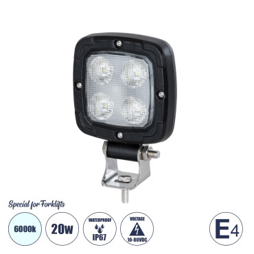 GloboStar® 85399 E4 Mark Vehicle & Forklift Work Lights - Φώτα εργασίας για οχήματα περονοφόρα - κλάρκ LED 20W DC 10-80V αδιάβροχο IP67 ψυχρό λευκό 6000K Μ11 x Π11 x Υ5cm