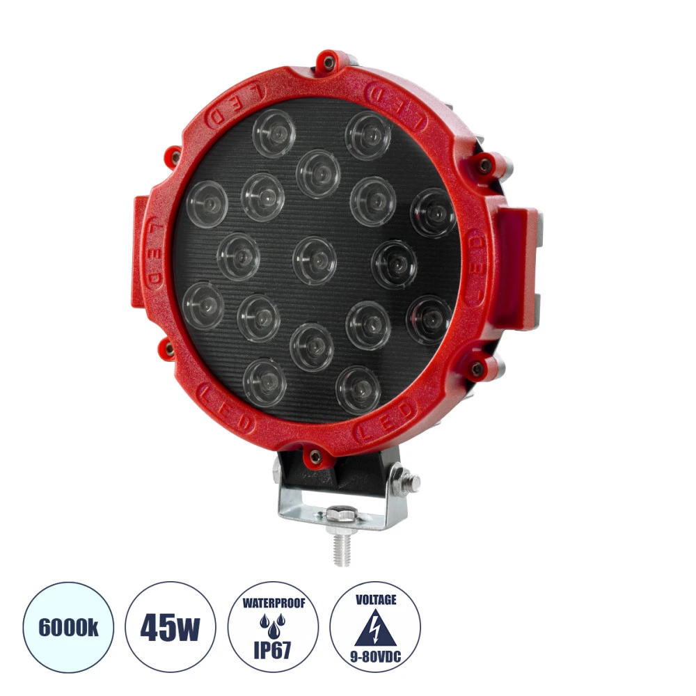 GloboStar® 85422 - Φώτα εργασίας για οχήματα και περονοφόρα - κλάρκ LED 45W DC 9-80V αδιάβροχο IP67 Μαύρο Κόκκινο  Ψυχρό Λευκό 6000K GloboStar® 85422 - Φώτα εργασίας για οχήματα και περονοφόρα - κλάρκ LED 45W DC 9-80V αδιάβροχο IP67 Μαύρο Κόκκινο  Ψυχρό Λευκό 6000K