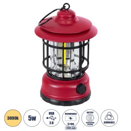 GloboStar® 85694 αυτόνομο επαναφορτιζόμενο φανάρι Camping LED 5W USB 2.0 με επαναφορτιζόμενη μπαταρία Dimmable - κόκκινο με διάφανο γυαλί - θερμό λευκό 3000K  GloboStar® 85694 αυτόνομο επαναφορτιζόμενο φανάρι Camping LED 5W USB 2.0 με επαναφορτιζόμενη μπαταρία Dimmable - κόκκινο με διάφανο γυαλί - θερμό λευκό 3000K